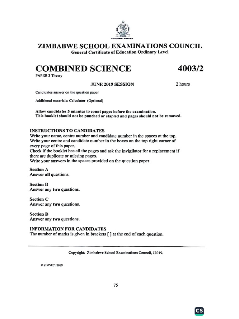 Combined Science p2 2019 June | PDF