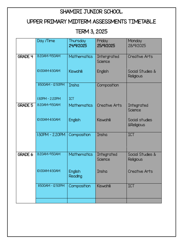 Shambiri School Midterm Exam Schedule 2025 | PDF
