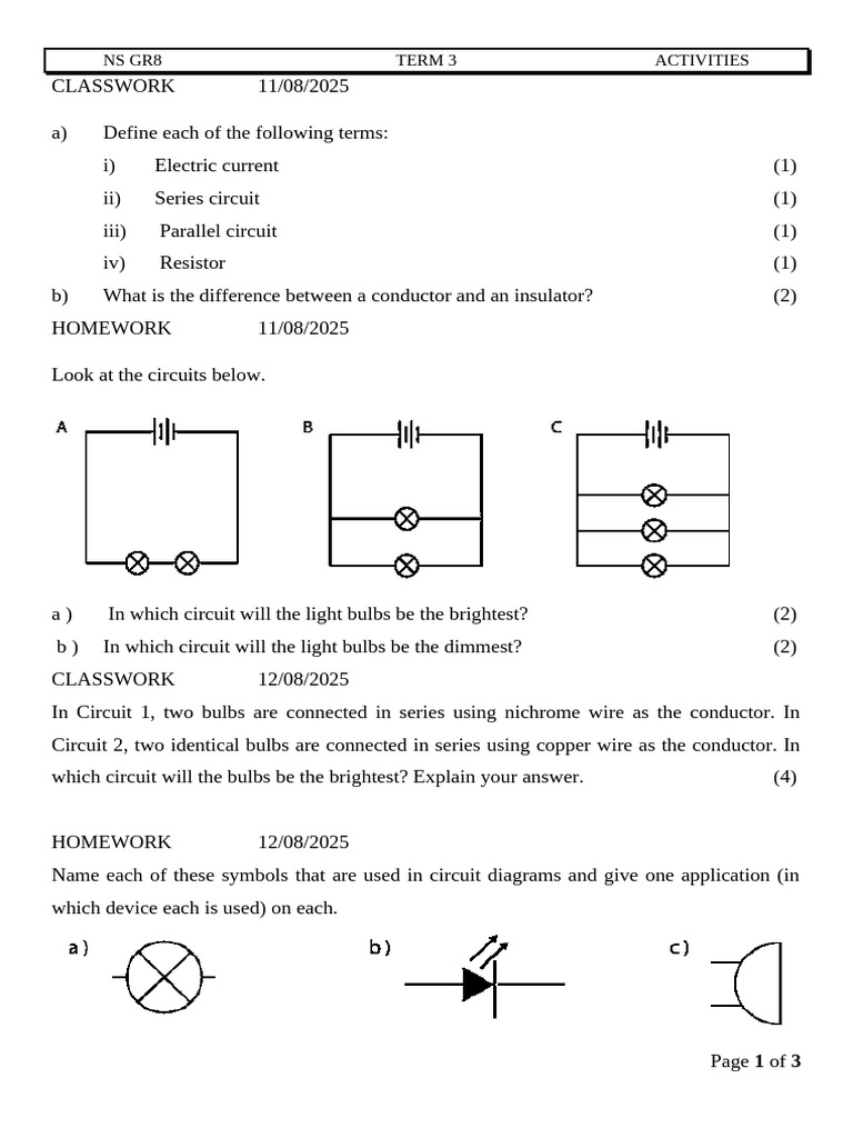 Grade 8 Circuit Activities Overview | PDF | Series And Parallel ...
