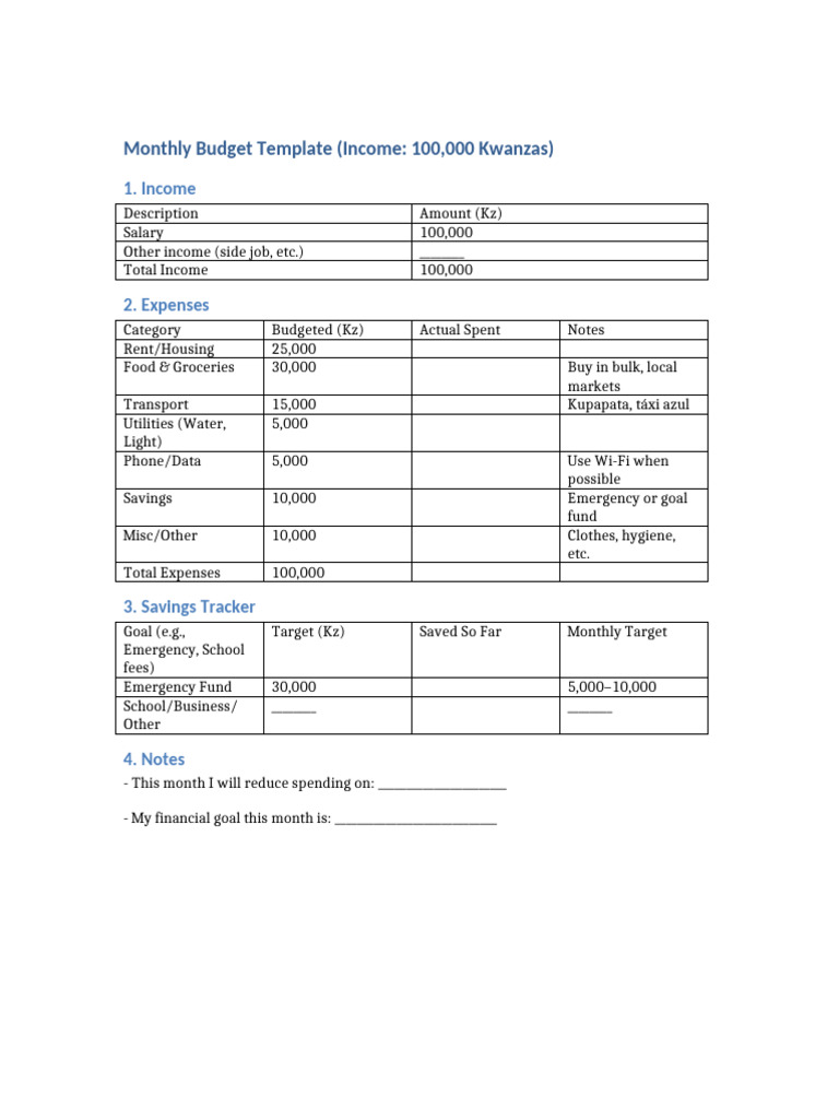 Monthly Budget Template Kz100000 | PDF
