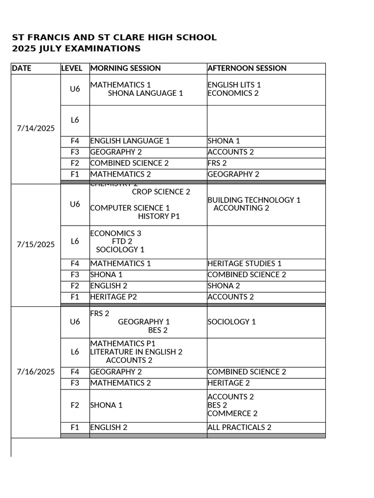ST Francis Mid Year Exam Timetable 2025 | PDF | Inquiry | Natural Sciences