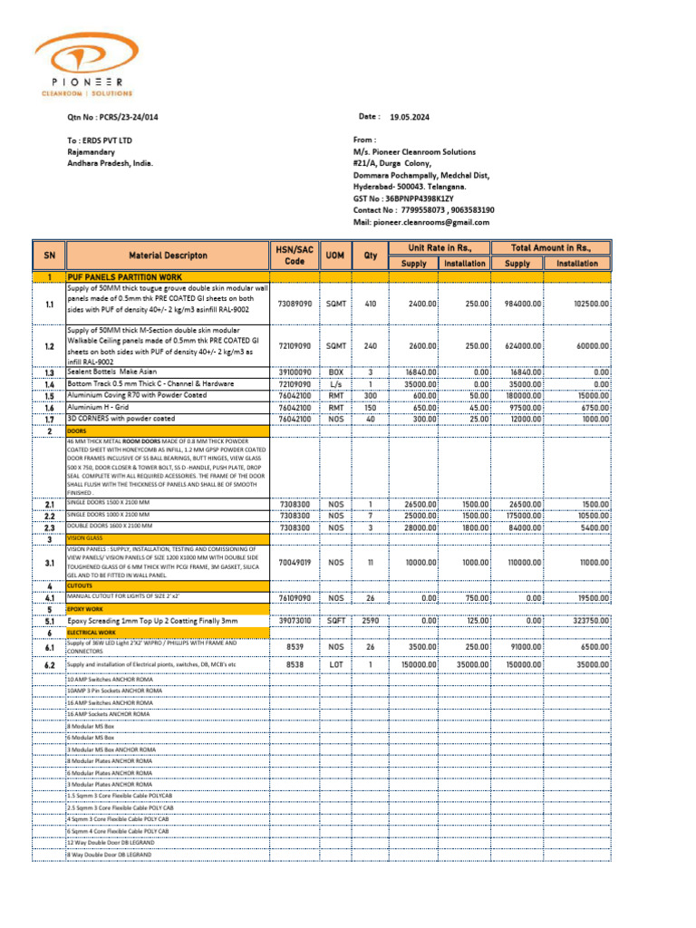 Cleanroom Construction Quotation 2024 | PDF | Door | Building Engineering