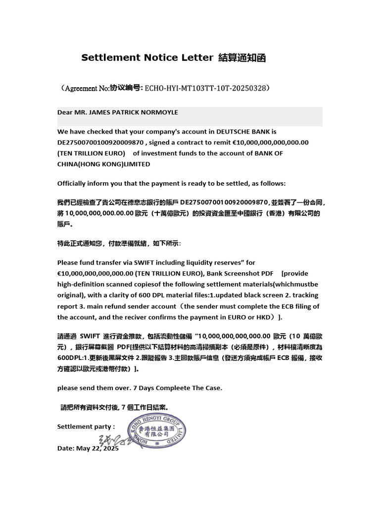 Settlement Notice Letter-9870.10T | PDF