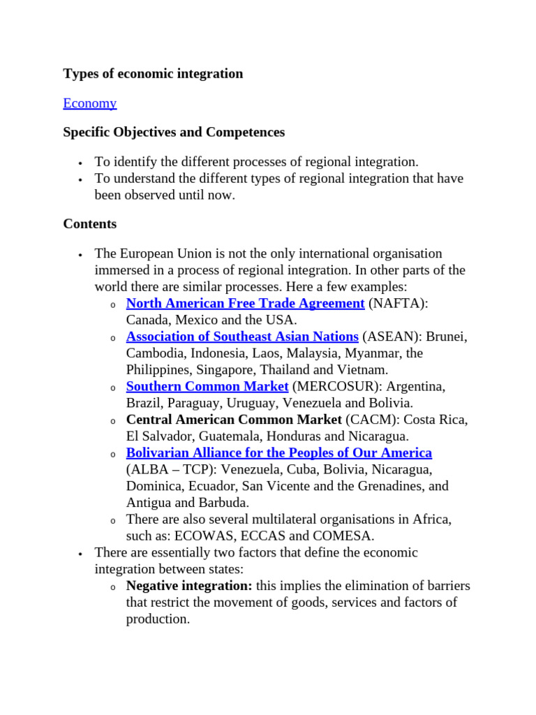 Understanding Economic Integration Types | PDF | Regional Integration ...