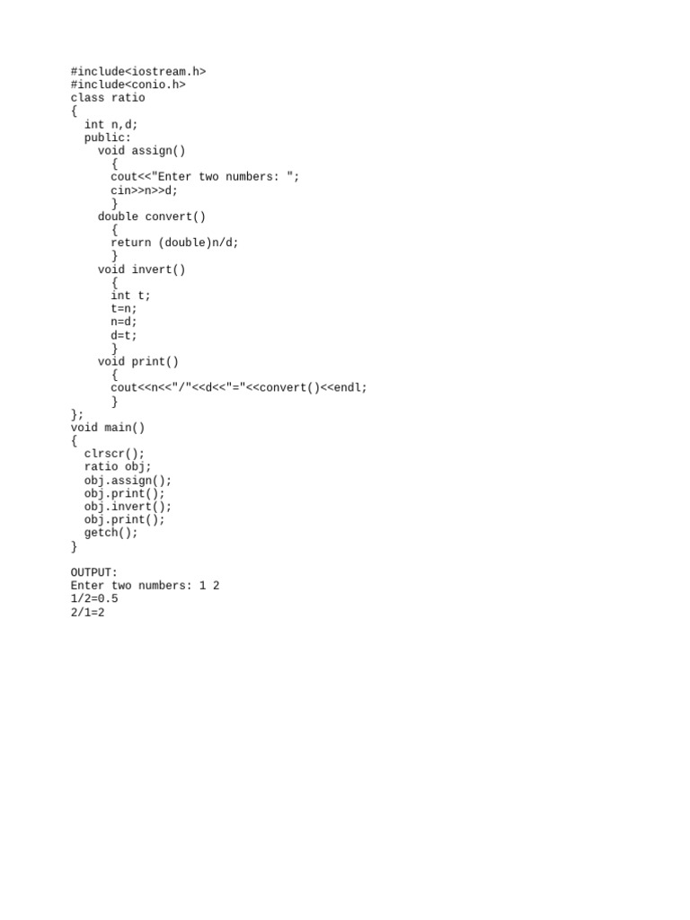C++ Ratio Class Example Code | PDF