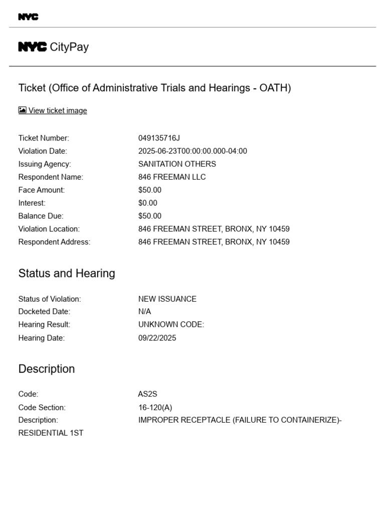 1ticket #049135716J Details - NYC CityPay - City of New York | PDF