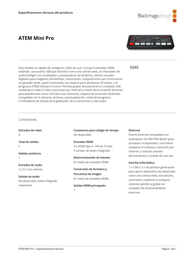 Especificaciones del ATEM Mini Pro | PDF | Hdmi | USB