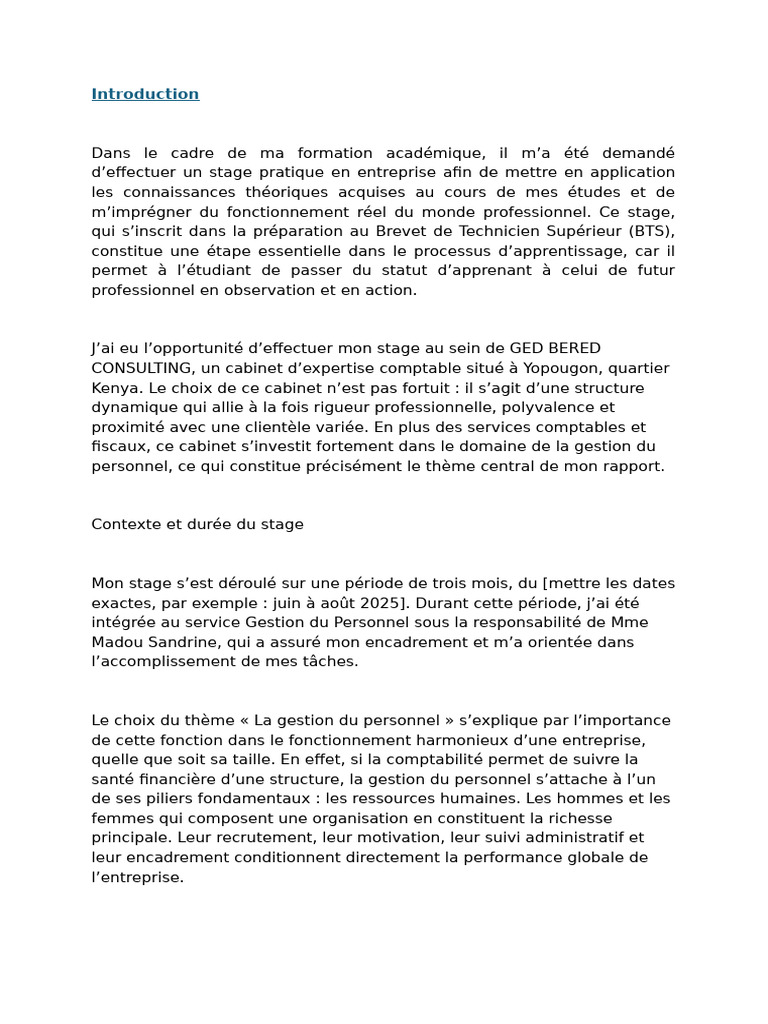Rapport de stage en gestion du personnel | PDF | Gestion des ressources ...