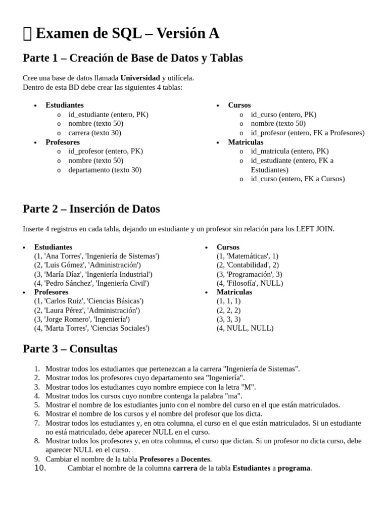 Examen SQL: Creación y Consultas BD | PDF | SQL | Gestión de datos