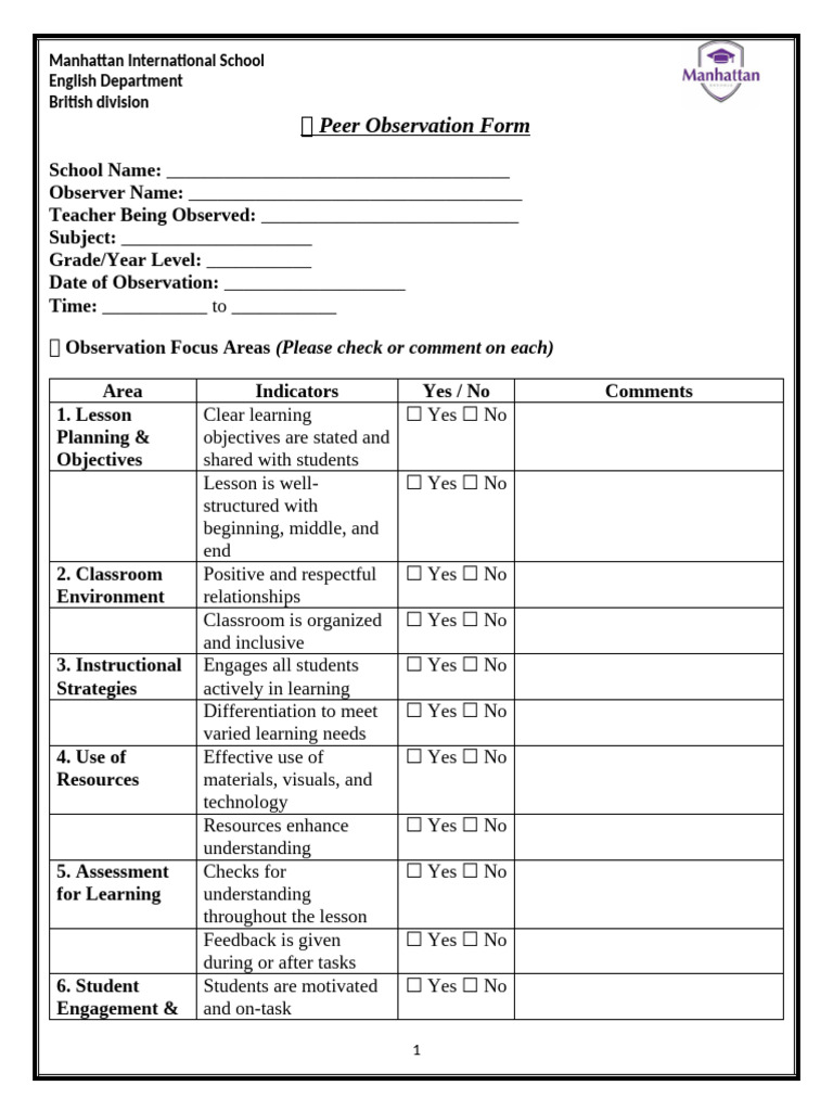 Peer Observation Form for Teachers | PDF | Teachers | Learning