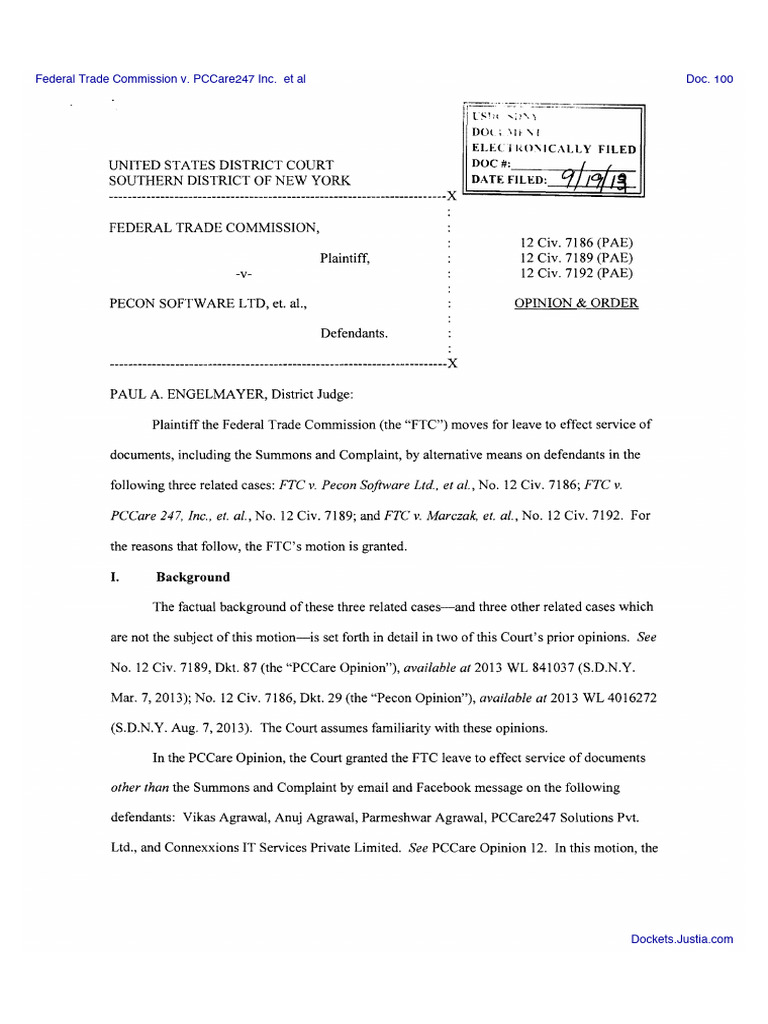 FTC Service Order in SDNY Cases | PDF | Complaint | Federal Trade ...