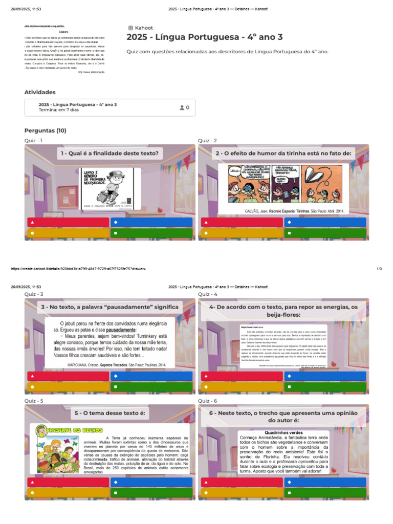 Quiz de Português para 4º Ano | PDF