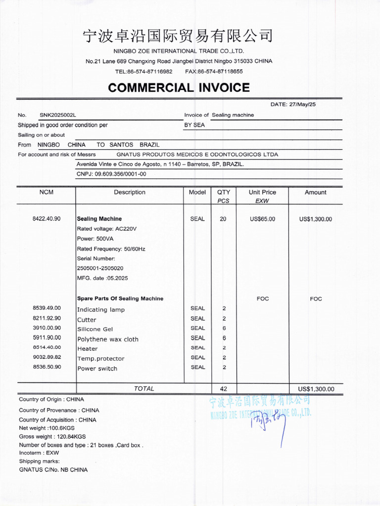 Invoice Snk2025002l - Ningbo Zoe International Trade Co LTD - 20x ...