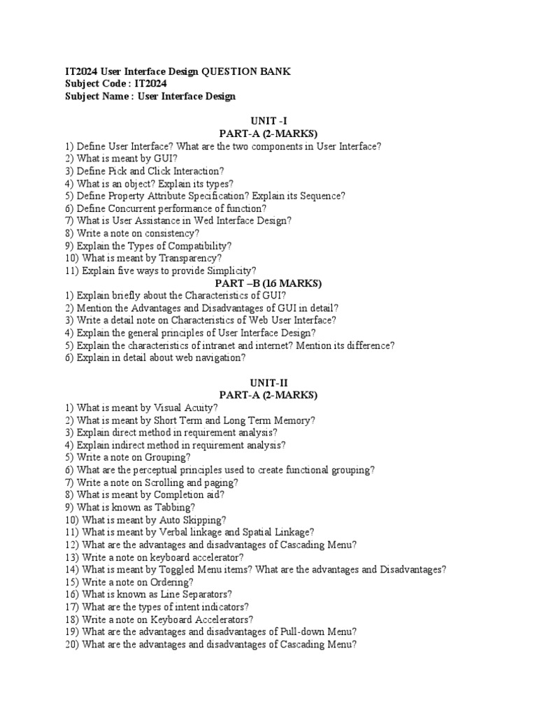 It2024 User Interface Design Question Bank PDF Menu
