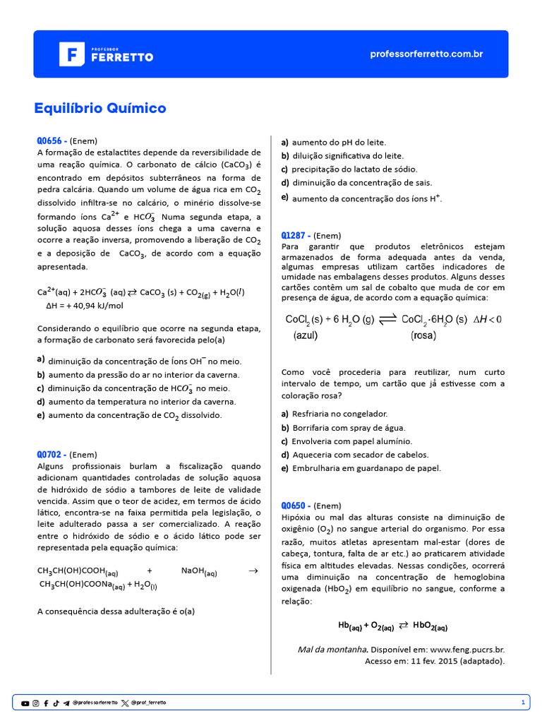Reações Químicas e Equilíbrio em Questões ENEM | PDF | Alcalinidade ...