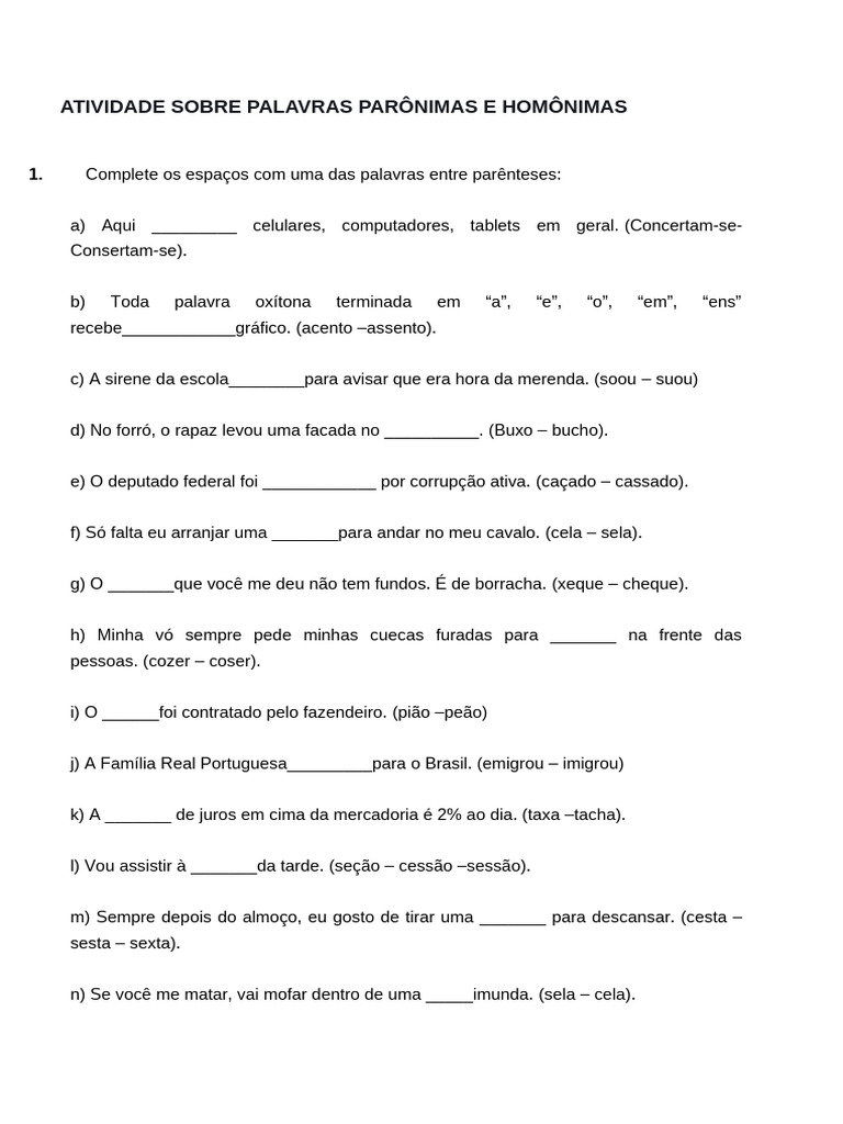 Atividade Palavras Parônimas e Homônimas 2 | PDF