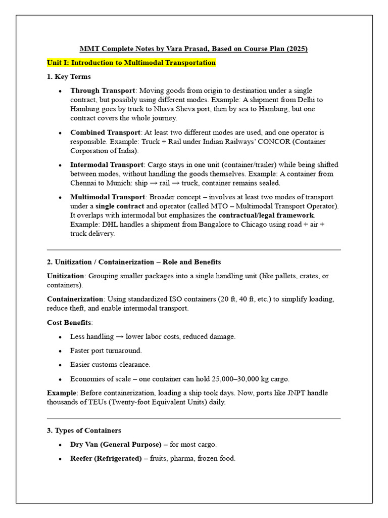 MMT Complete Notes Overview | PDF | Containerization | Intermodal ...