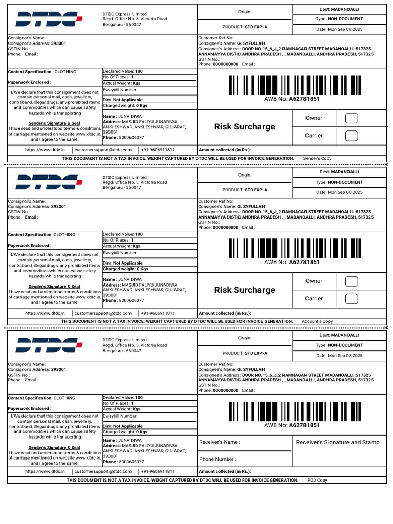 DTDC Express Shipment Details | PDF | Mail