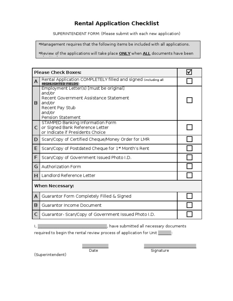 Superintendent Rental Application Checklist | PDF