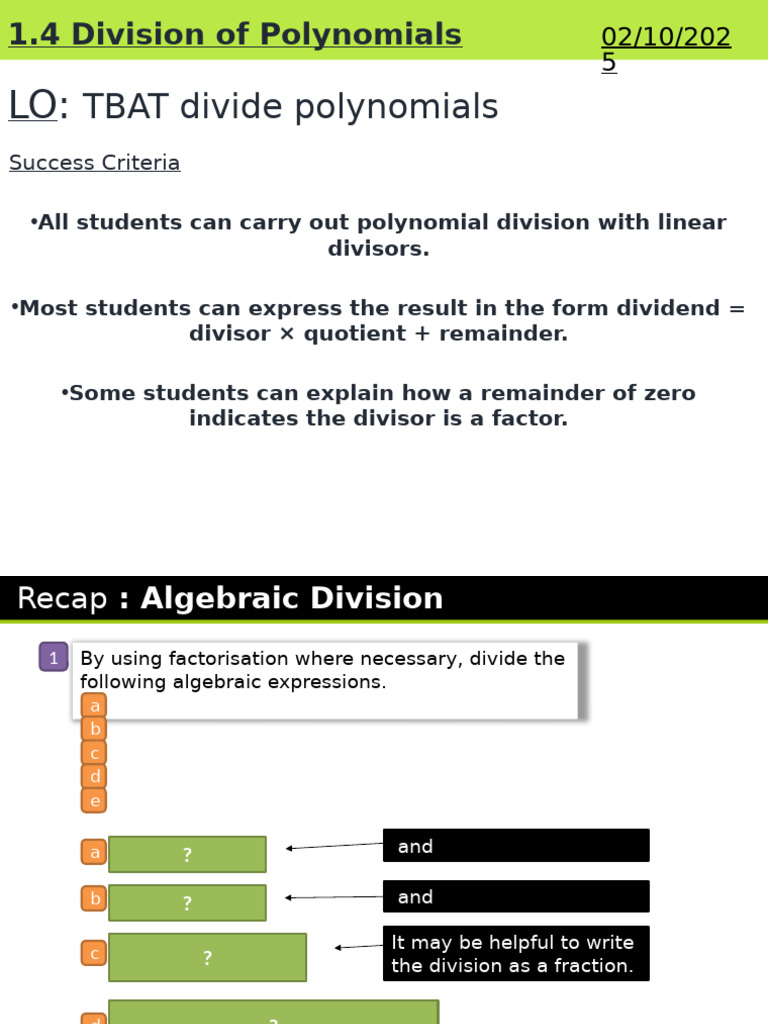 G12T1W2 1.4 Dividing Polynomials | PDF | Division (Mathematics ...