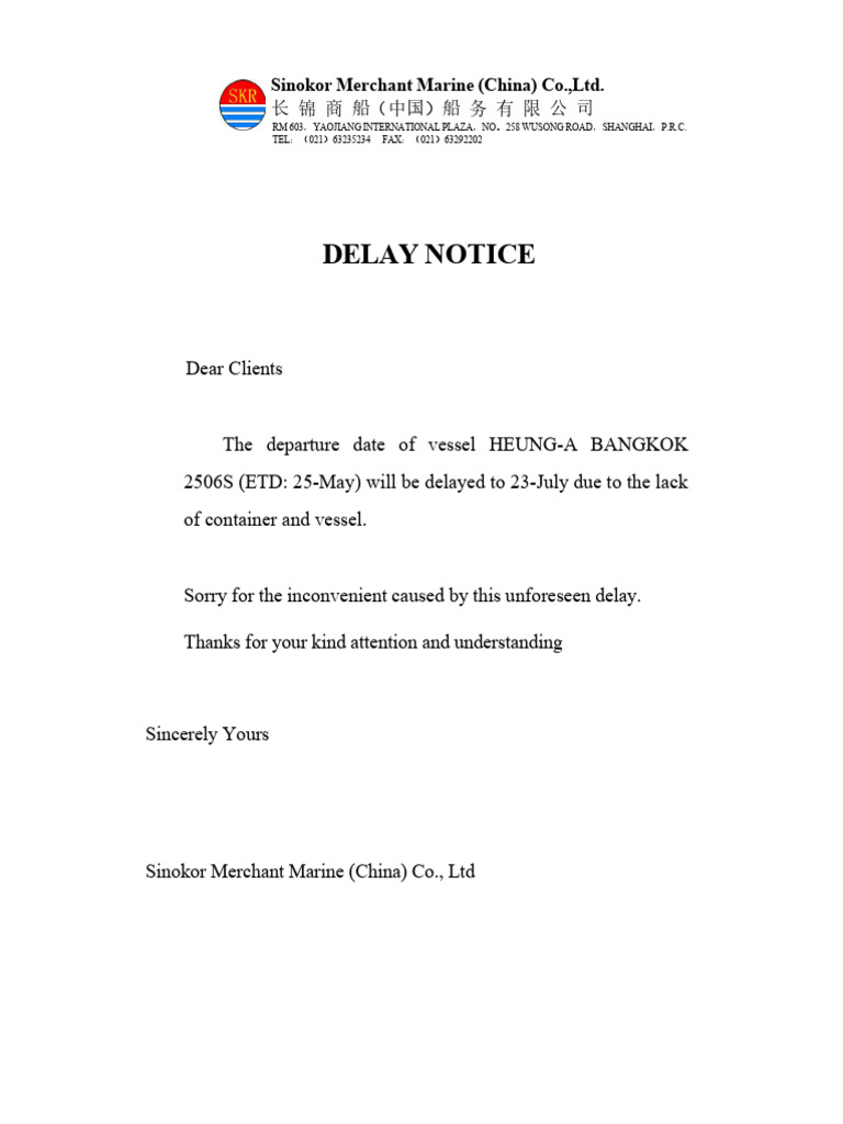 Delay Notice for HEUNG-A BANGKOK 2506S | PDF