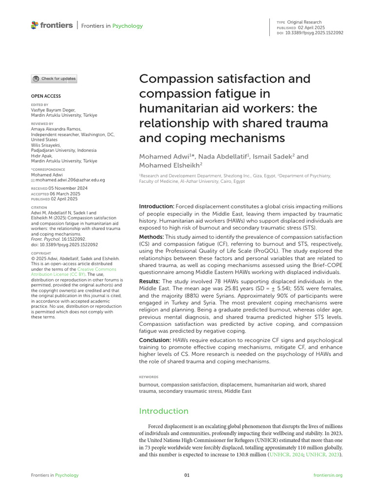 Compassion Satisfaction and Compassion Fatigue in Humanitarian Aid ...
