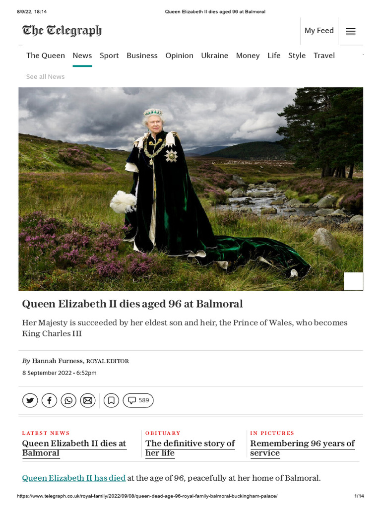 Queen Elizabeth II Dies Aged 96 at Balmoral | PDF | Elizabeth Ii | Monarchy