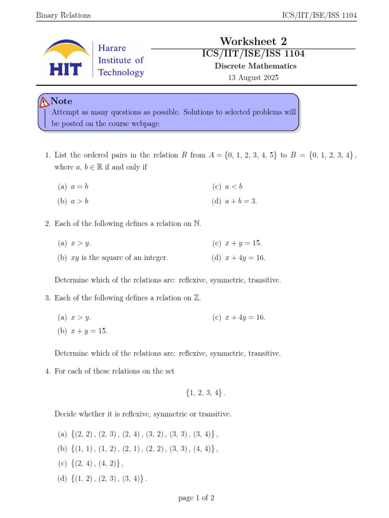 Binary Relations Worksheet for Discrete Math | PDF | Mathematics