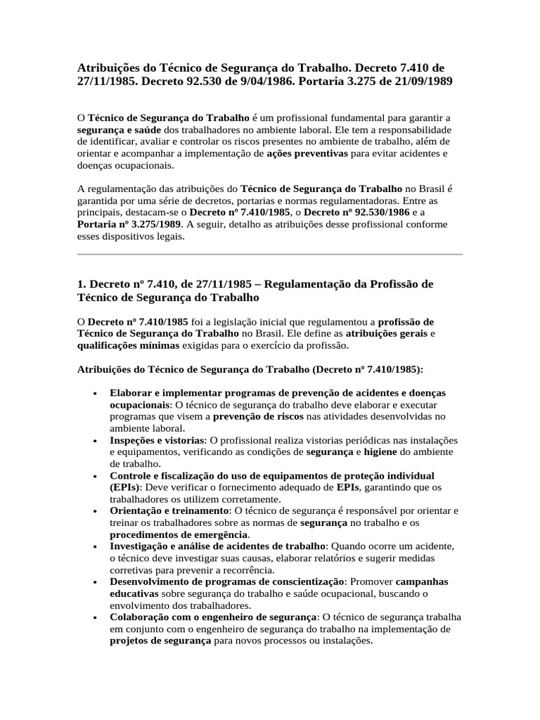 Atribuições Do Técnico de Segurança Do Trabalho | PDF | Segurança e ...