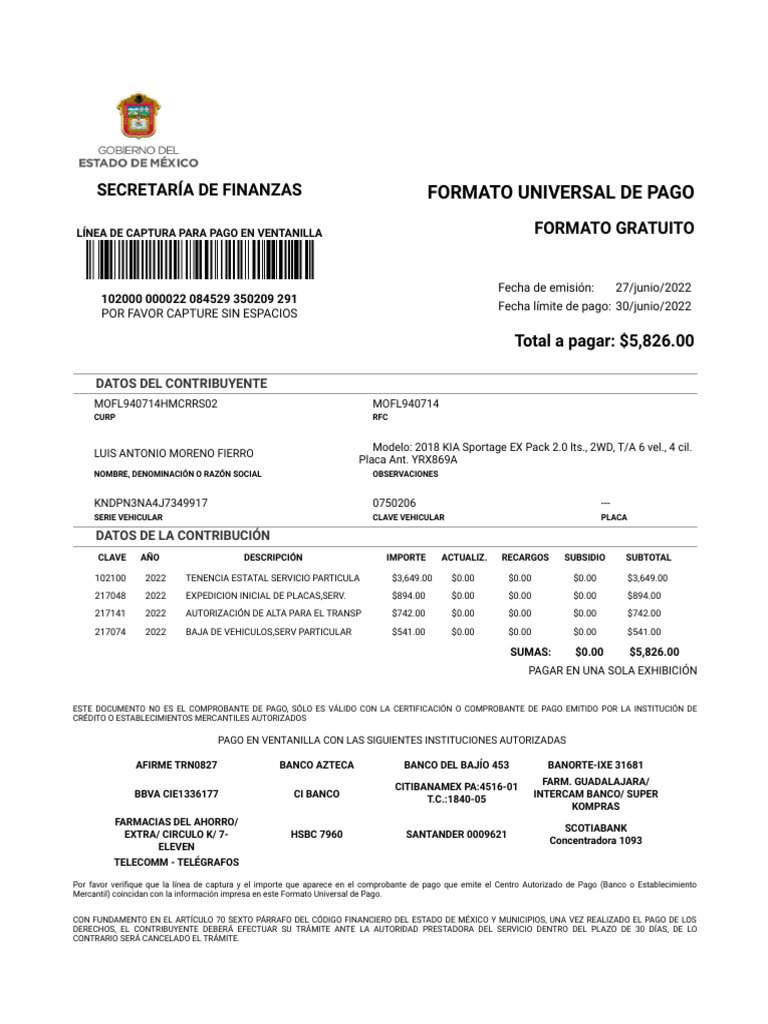 Formato de Pago Licencia Estado México | PDF | Finanzas personales ...