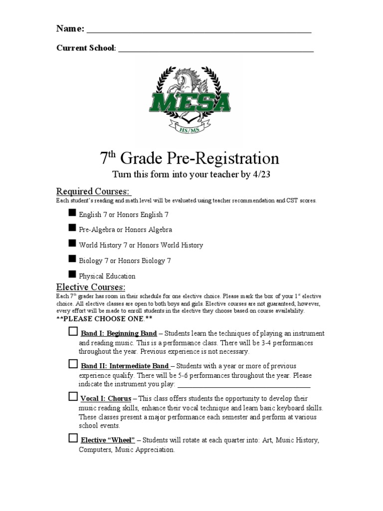 7th Grade Pre-Registration Form | PDF | Career & Growth