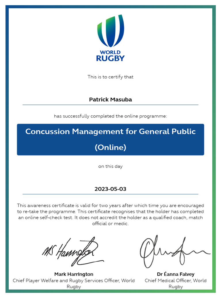 Concussion Management Certificate - Patrick Masuba | PDF