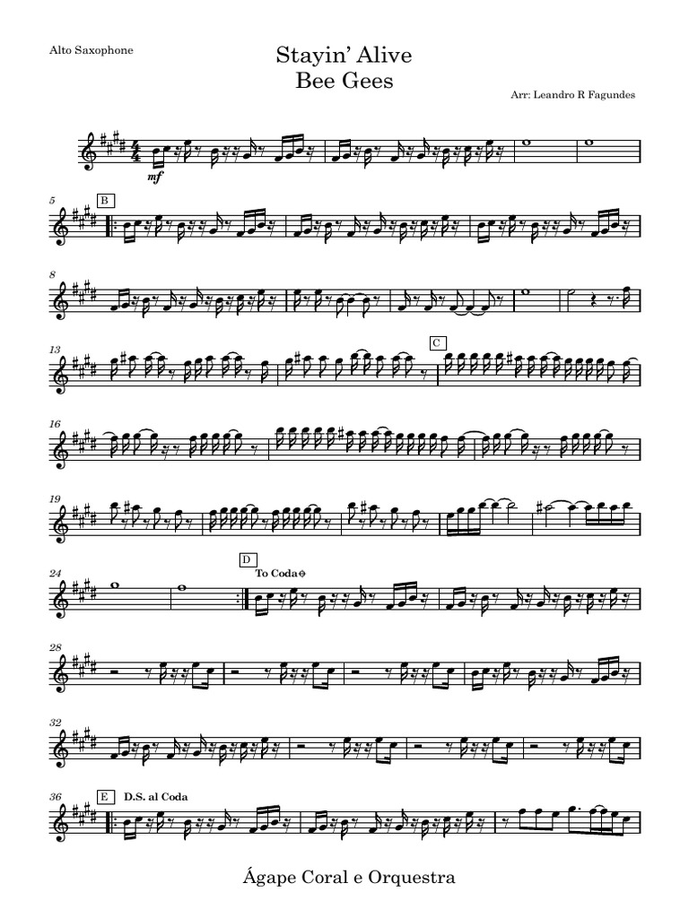 Alto Saxophone Arrangement: Stayin' Alive | PDF | Songs Written