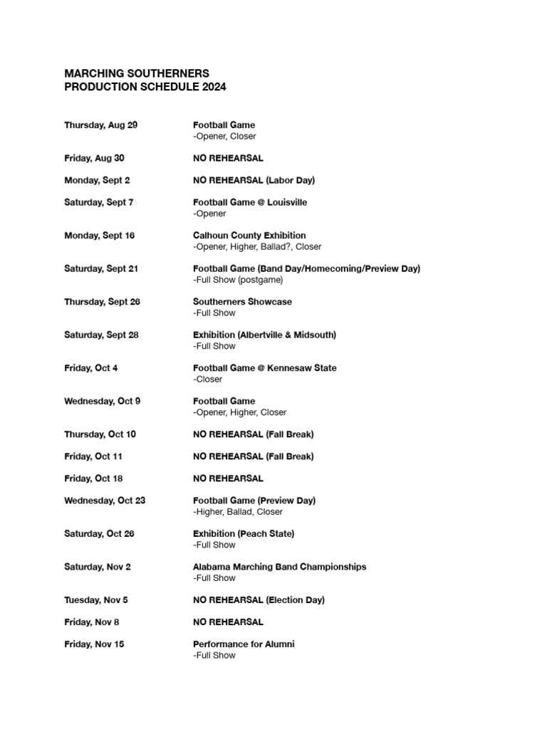 Marching Southerners 2024 Schedule | PDF