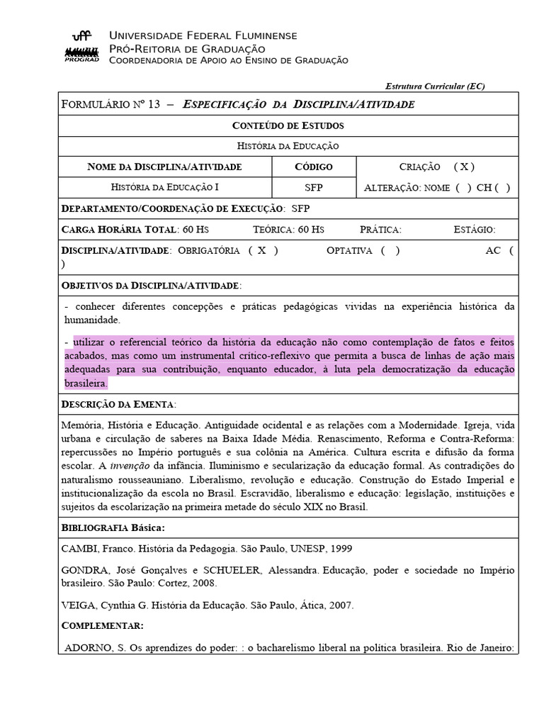 Plano Historia Da Educacao I e II | PDF | Pedagogia | Brasil