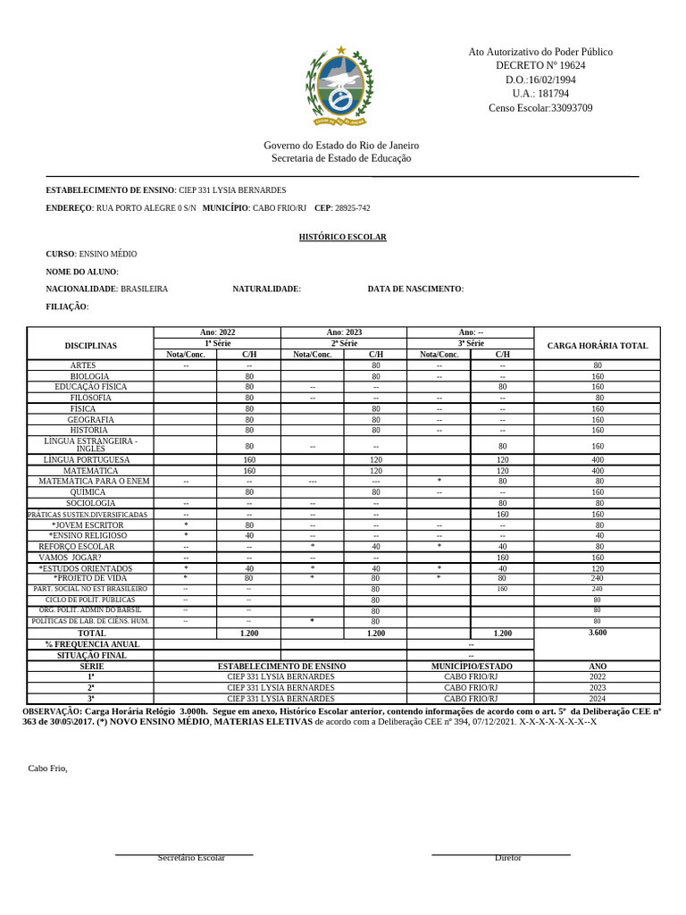 Histórico Escolar CIEP 331 Cabo Frio | PDF