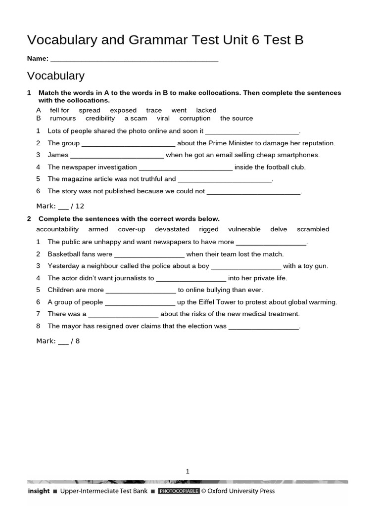 Vocabulary and Grammar Test Unit 6 B | PDF