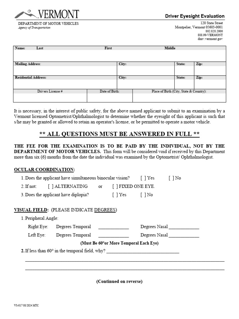Vermont Driver Eyesight Evaluation Form | PDF | Visual Perception ...