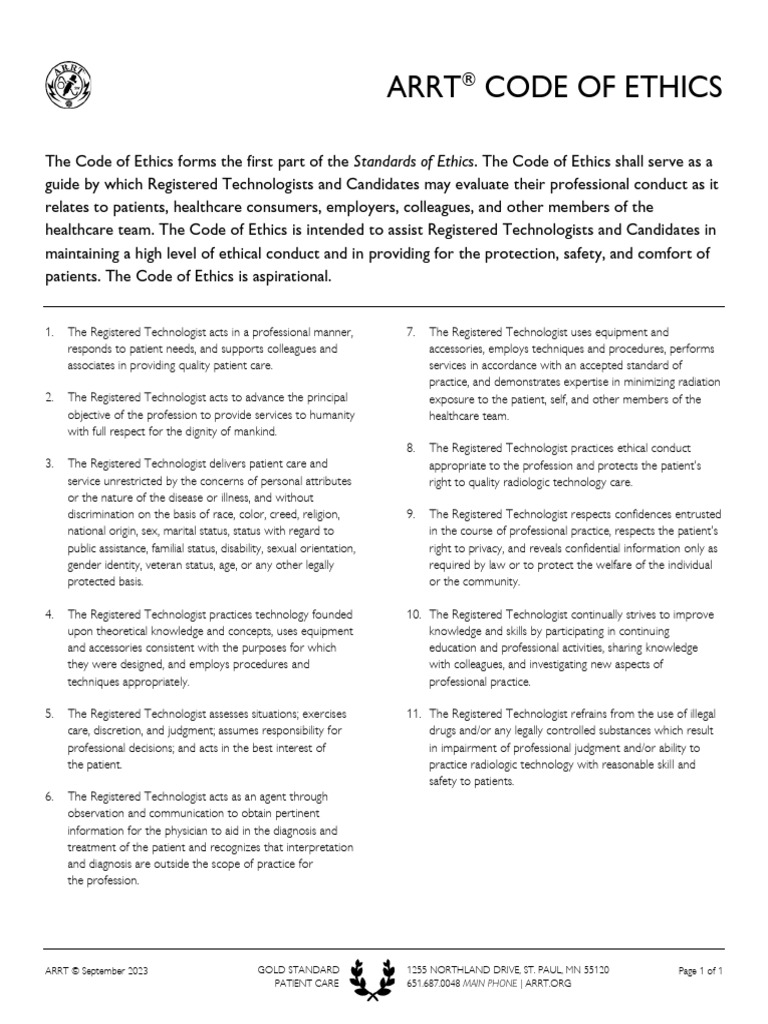 ARRT Code of Ethics Overview | PDF | Health Care | Patient