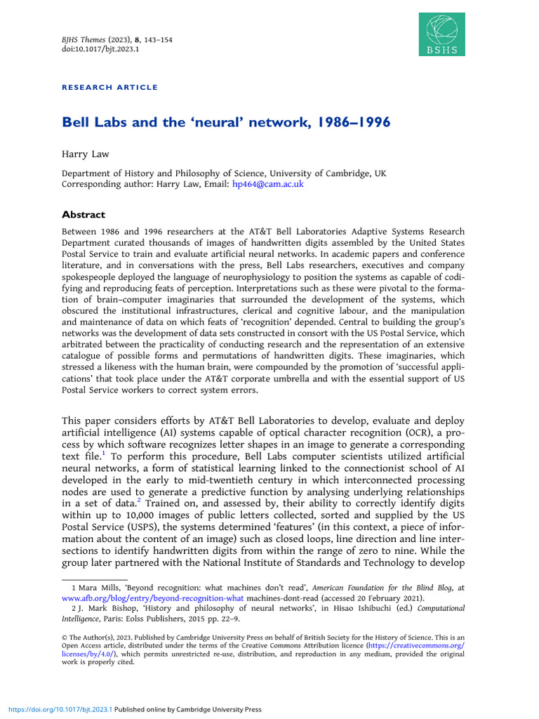 Bell Labs and The Neural Network 19861996 | PDF