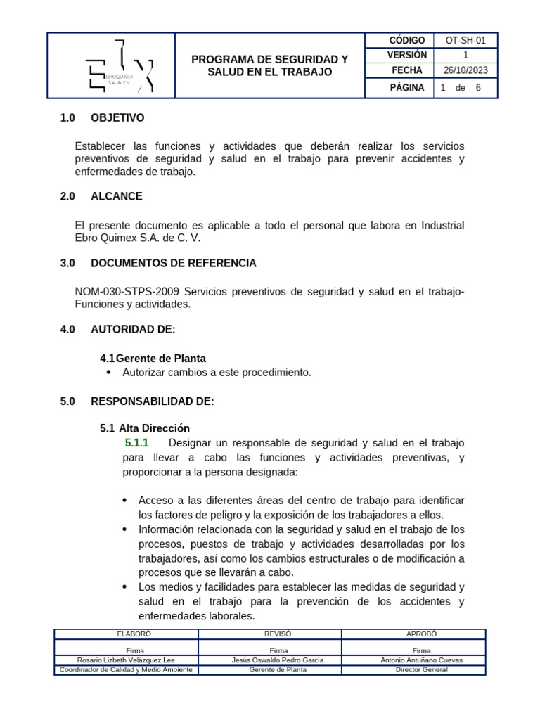 Ot-Sh-01 Programa de Seguridad y Salud en El Trabajo v.1 | PDF ...