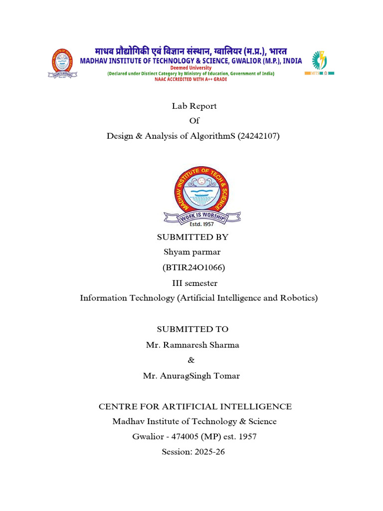 Algorithm Design Lab Report | PDF | Algorithms | Computer Programming