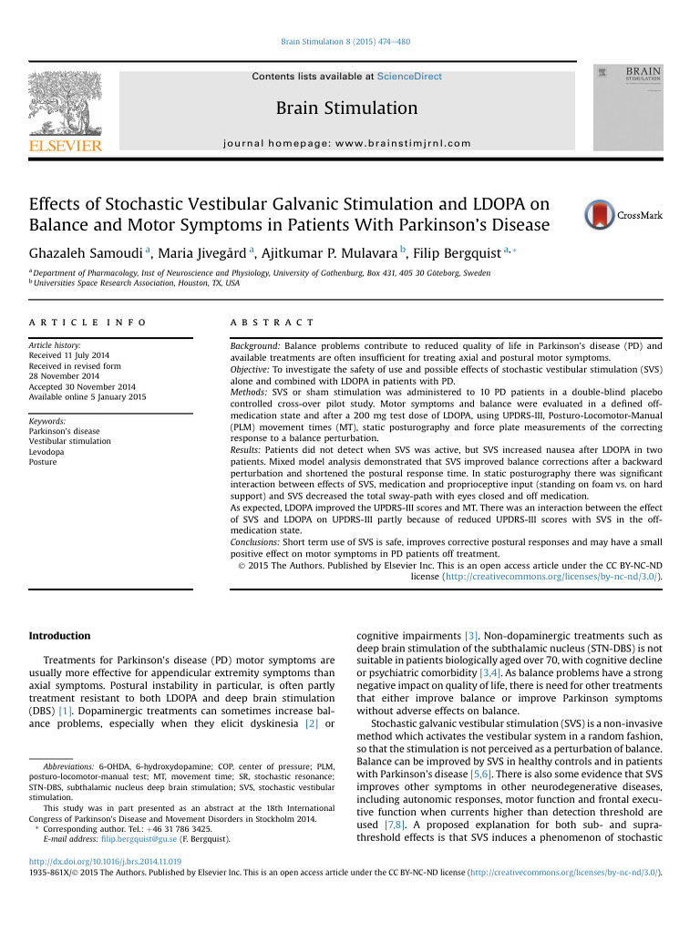 Effects of Stochastic Vestibular Galvanic Stimulation and LDOPA On ...
