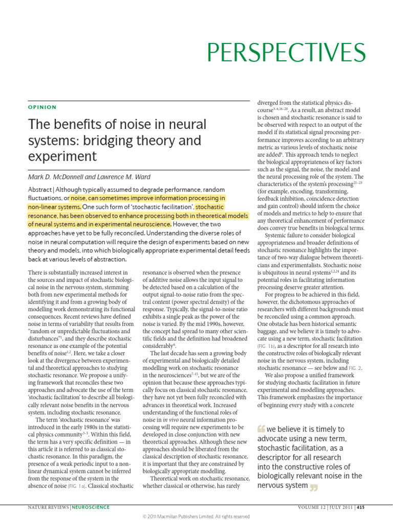 The Benefits of Noise in Neural Systems | PDF | Neural Oscillation ...