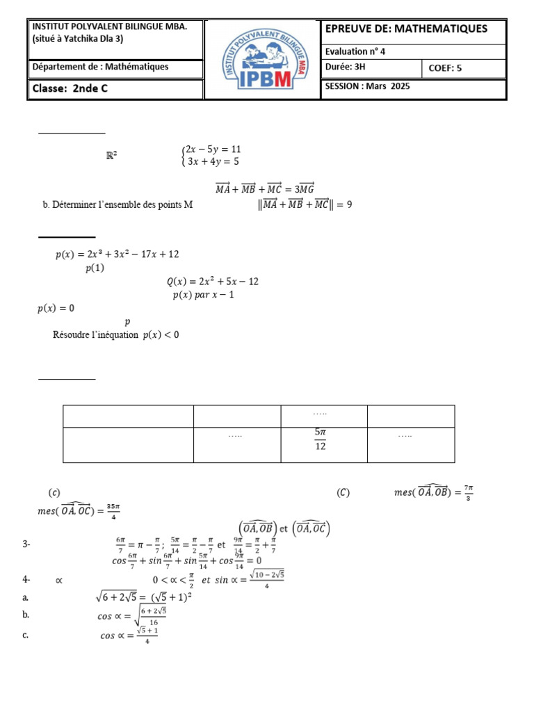 Exercices de mathématiques pour 2nde C | PDF | Mathématiques ...