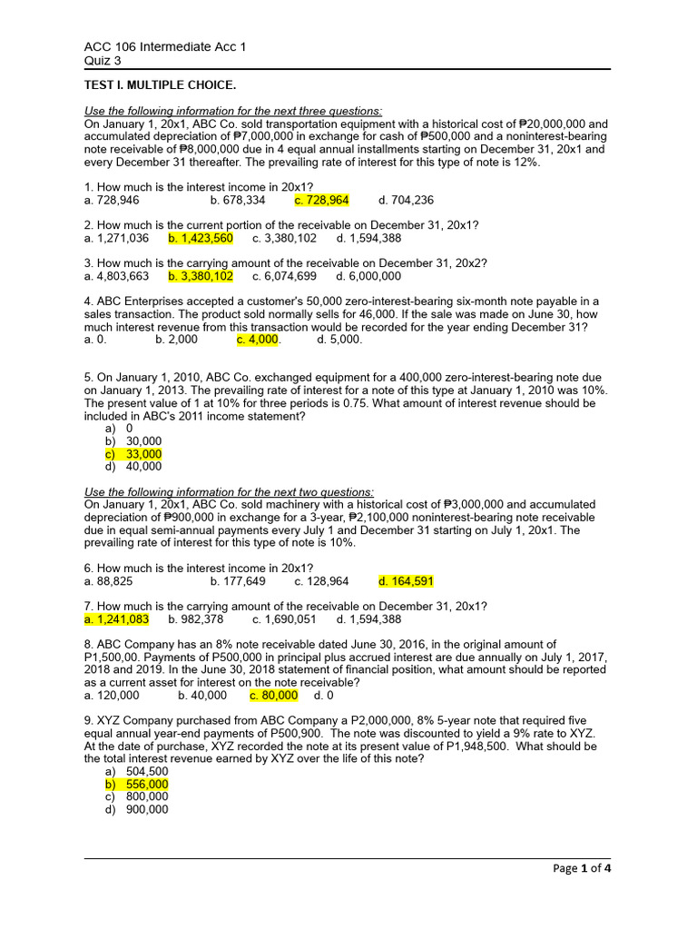 ACC 106 Intermediate Accounting Quiz 3 | PDF | Interest | Historical Cost