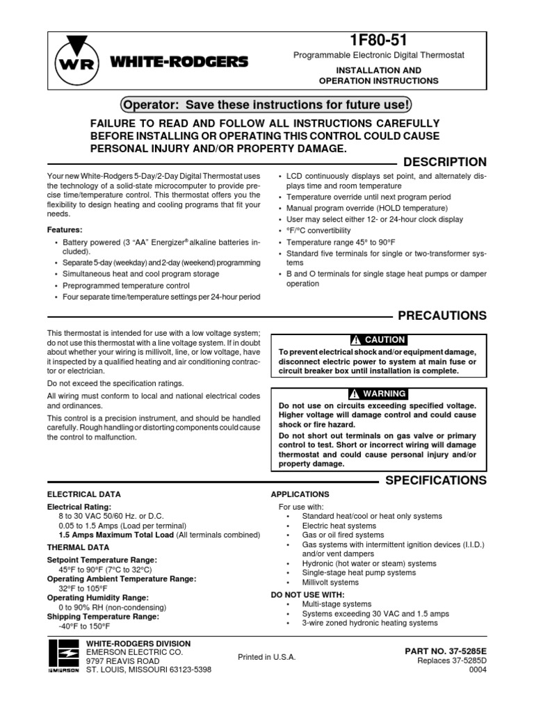 WhiteRogers Thermostat Manual PDF Thermostat Air Conditioning
