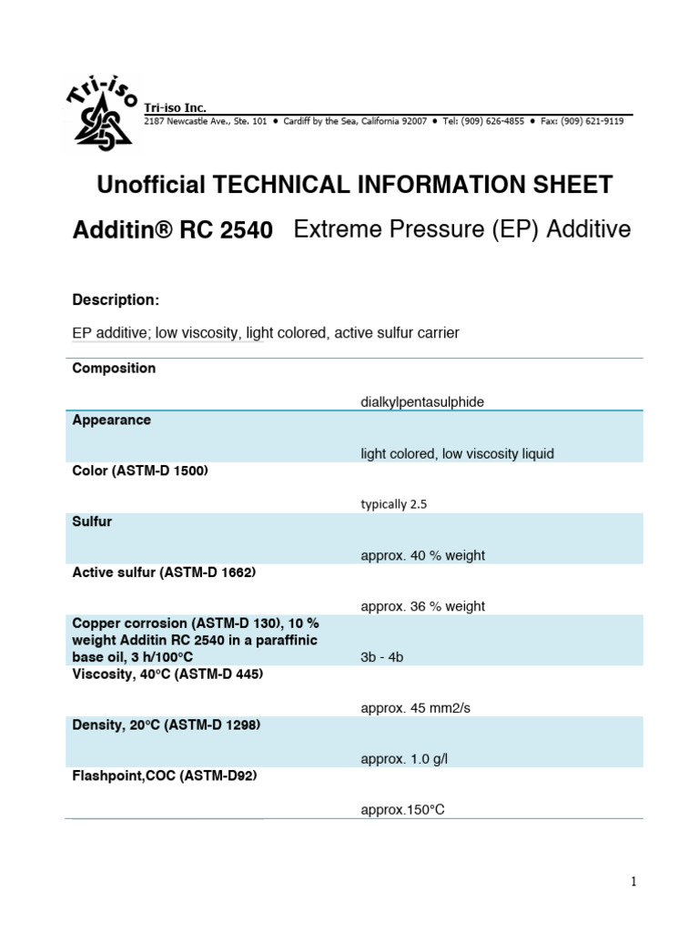 Additin RC 2540 EP Additive Overview | PDF | Applied And ...
