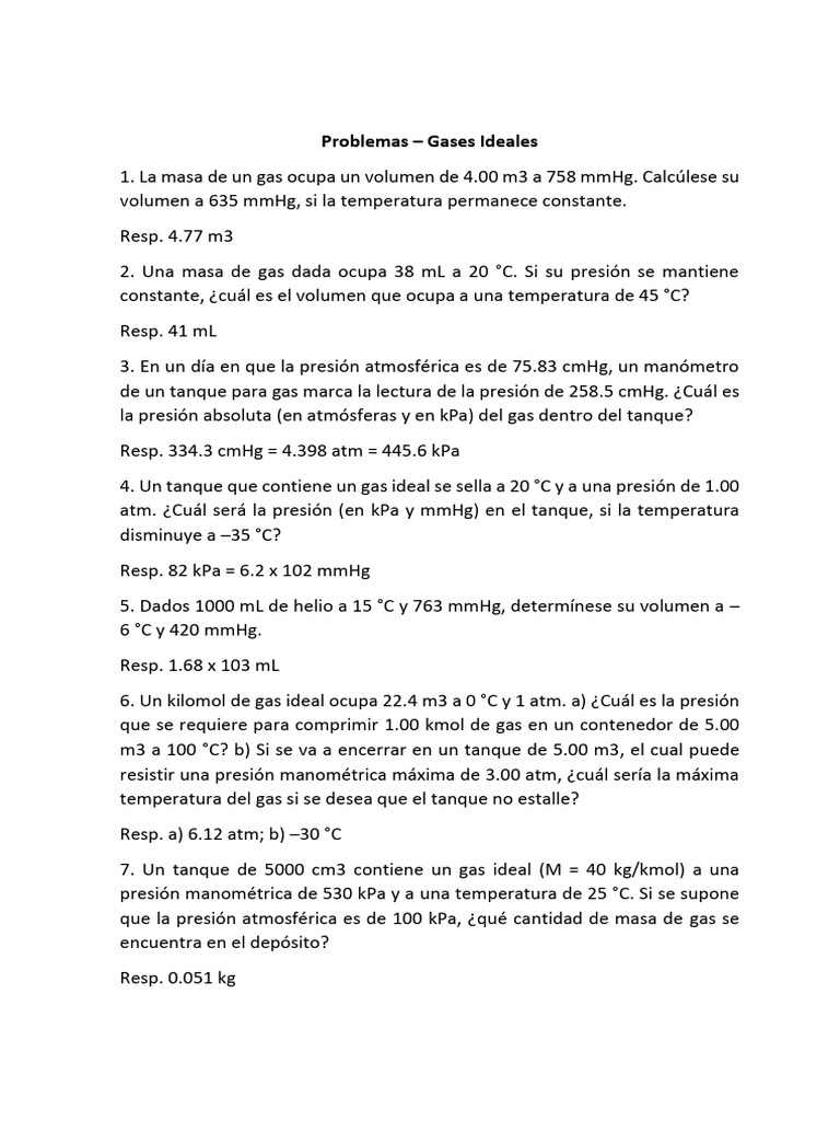 Ejercicios Gases Ideales y Mezcla de Gases Semana 10 | PDF | Gases ...