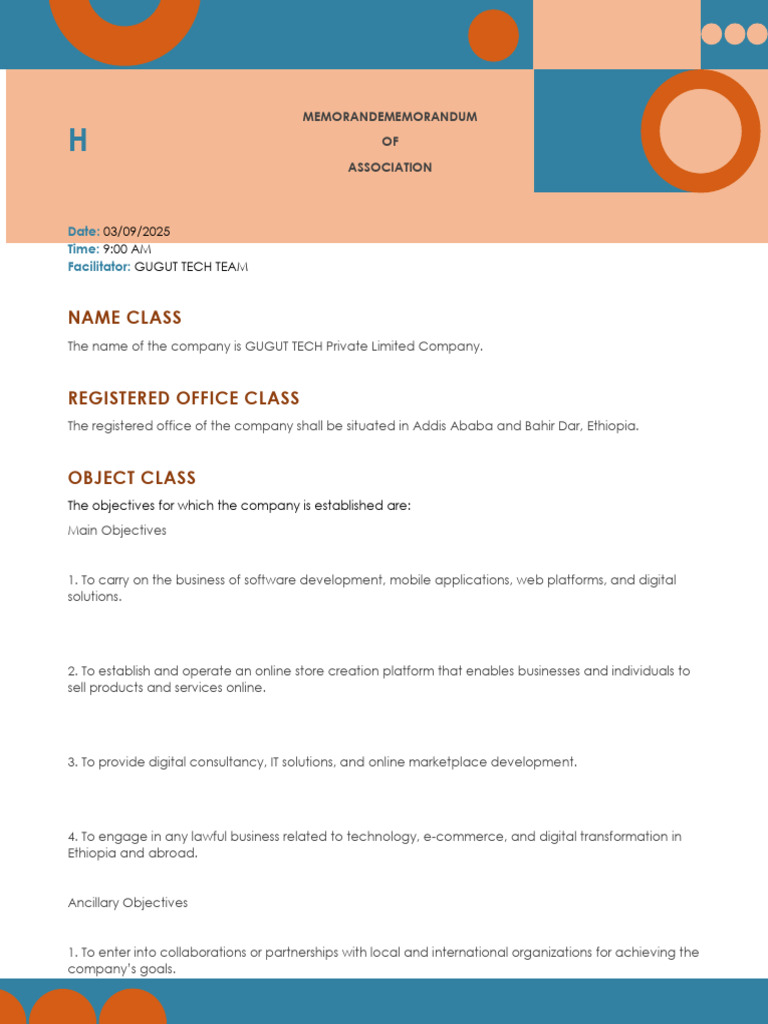 Memorandum of Association for GUGUT TECH | PDF